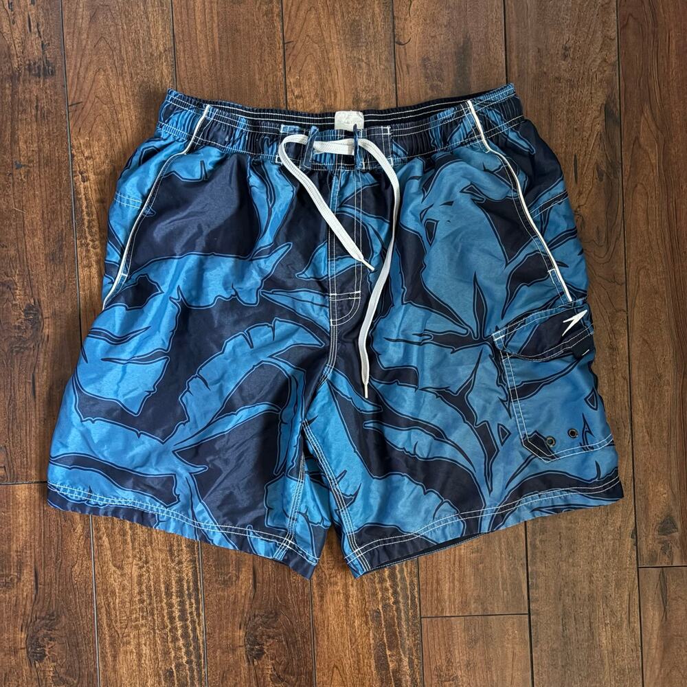 Speedo Swim Trunks Mens L Blue Floral Leaf Board Shorts Swimming Pool Activewear